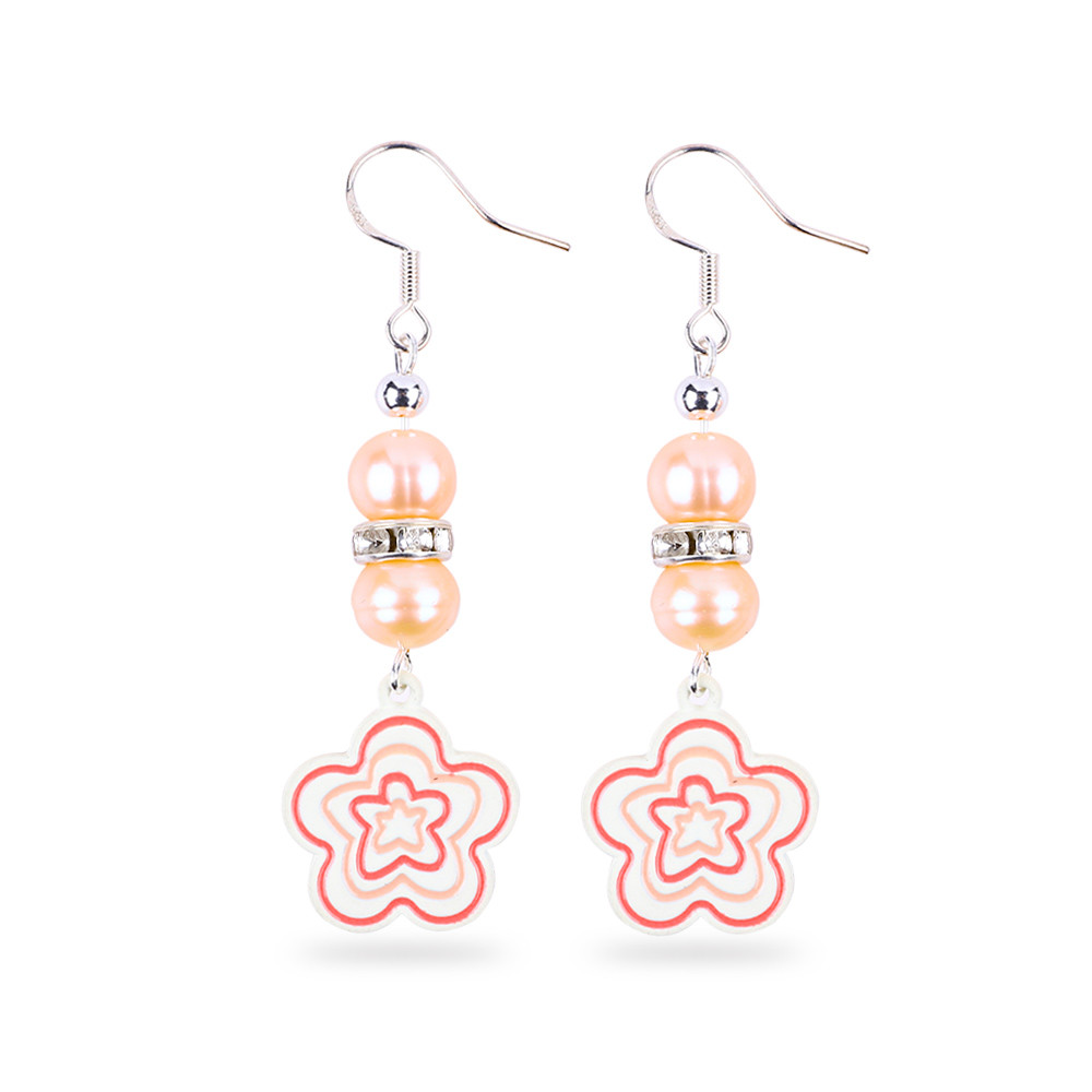 8mm Beads Pink Freshwater Pearls Dangle Hook Earrings Flower Charm