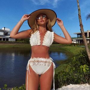 Quality Halter Swimming Suits Bikini with Removable Padding for Women white color lace wholesale