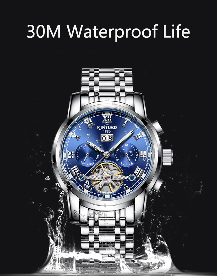 KINYUED J015-3 White Dial Stainless Steel Strap OEM Custom Watches Waterproof Automatic Mechanical Luminous Watch Men W