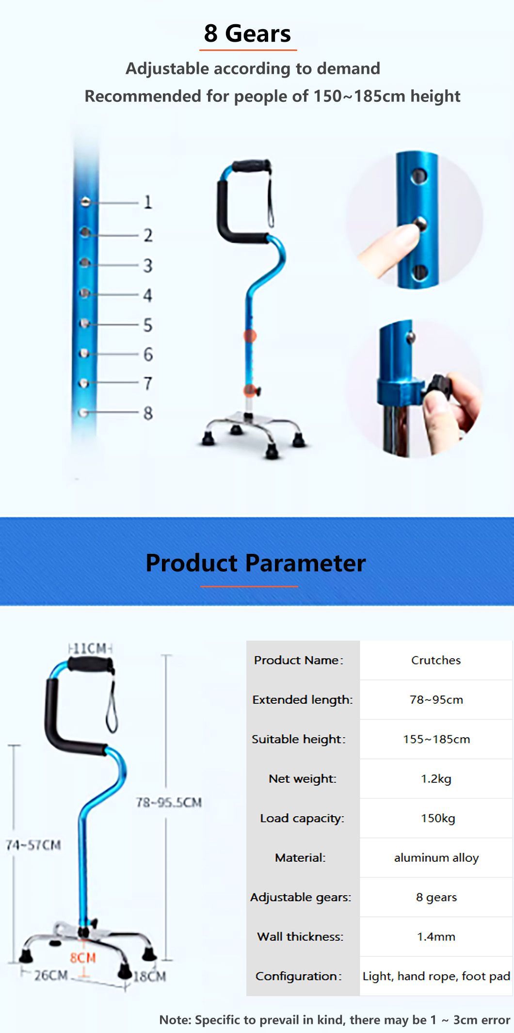 Adjustable Aluminium Walking Stick Handle-Bar Bend Four Legs Holder Bent Rehab Therapy Cane Four Legs Holder Adjustable