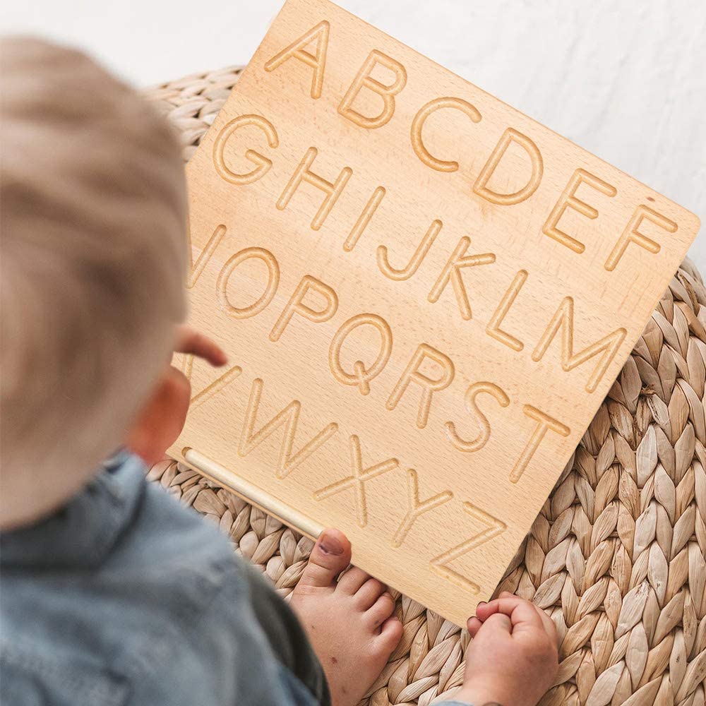 Double-sided Letter Tracking Board,Wooden Alphabet Tracing Board from Montessori Learning Skills Toys,11.55 x 11.45 Inches