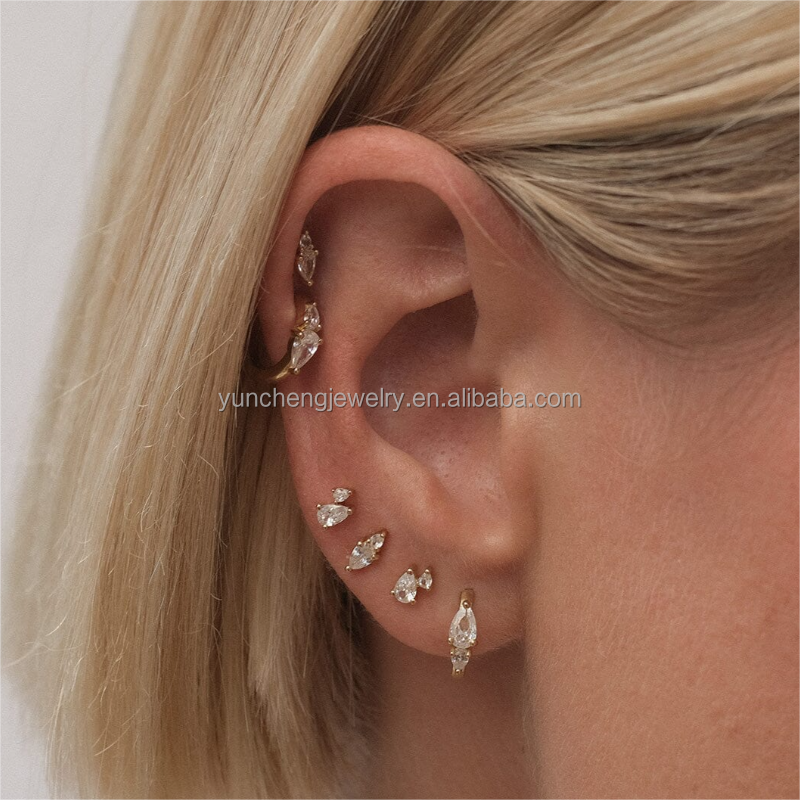 Three Pieces S925 Silver Zircon Earrings Pear Cut Cubic Zirconia Hoop Earrings