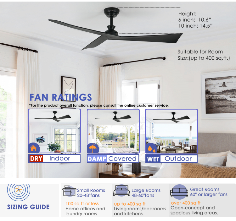 Energy Saving Smart Remote Ceiling Fan Black ABS Blades with 5 Speed and Time Setting