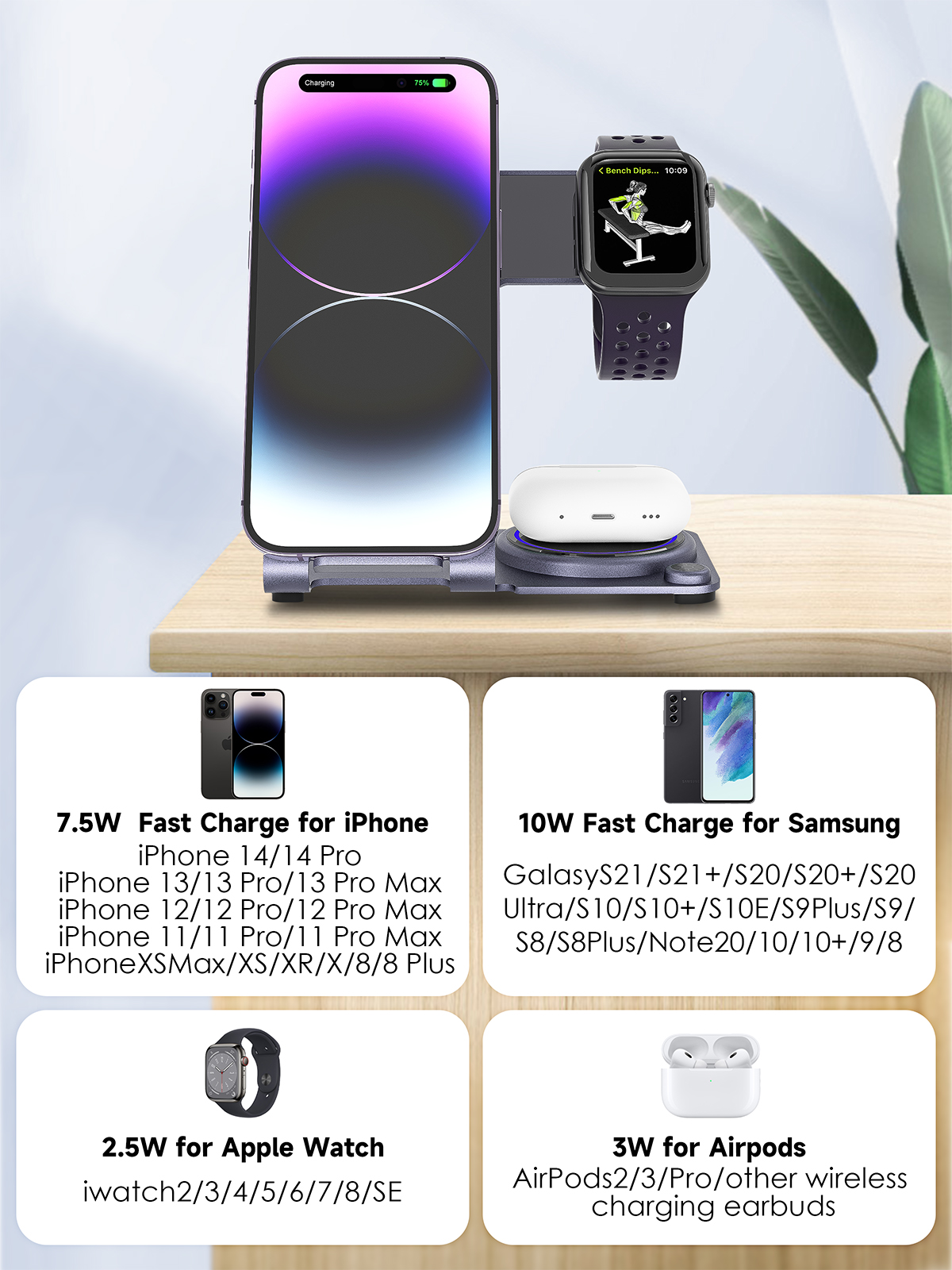 CE FCC ROHS Aluminum Alloy 3 in 1 Wireless Charger for Phone Input 9V-2A QC or PD