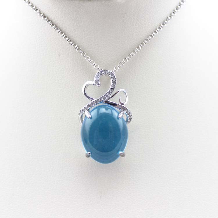 Sterling Silver Oval Created BlueTopaz Dome Cubic Zircon Gemstone Pendant Silver Chain(PSJ0343)