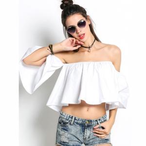Quality ladies tops latest design Women Off Shoulder Flare Sleeve Ruffles Solid Crop Tops wholesale