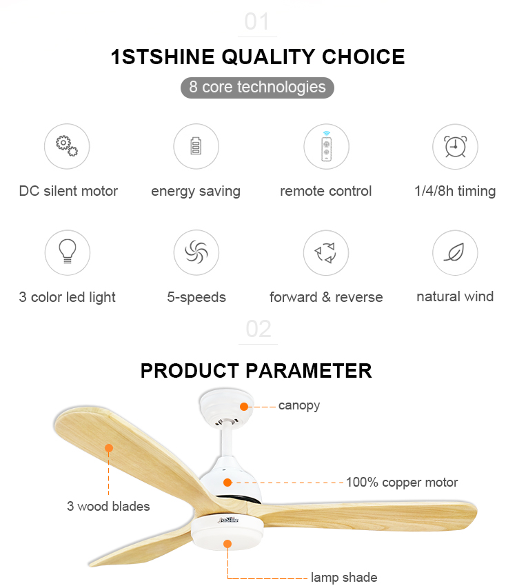 Switch Remote Control 52 Inch LED Ceiling Fan with 3 Solid Blades and LED Lights