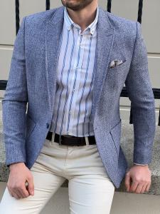 Quality Slim Fit Self Patterned Blue Business Casual Blazer Outfit wholesale