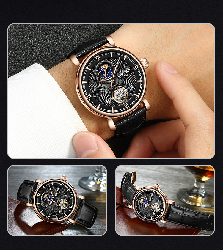 Black Genuine Leather Mechanical Watch Moon Phase Multi Functional