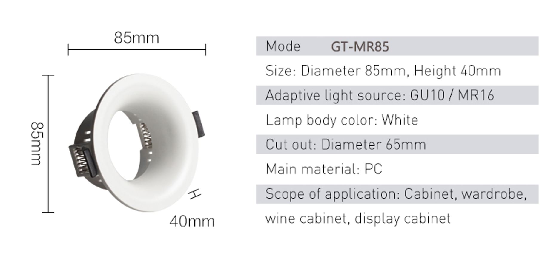AC Power Supply Plastic COB 5W 7W Downlight Mr16 GU10 Frame