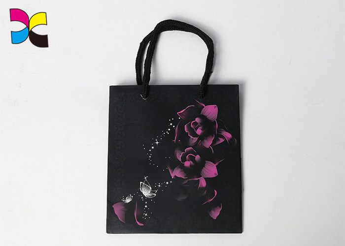 Recyclable Small Black Paper Bags With Handles / Flower Pattern Rectangle Or Square Shape