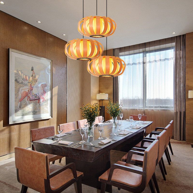 Southeast Asia Simple Wood Chandelier Pendant Light Creative Wood Veneer Lighting Lantern