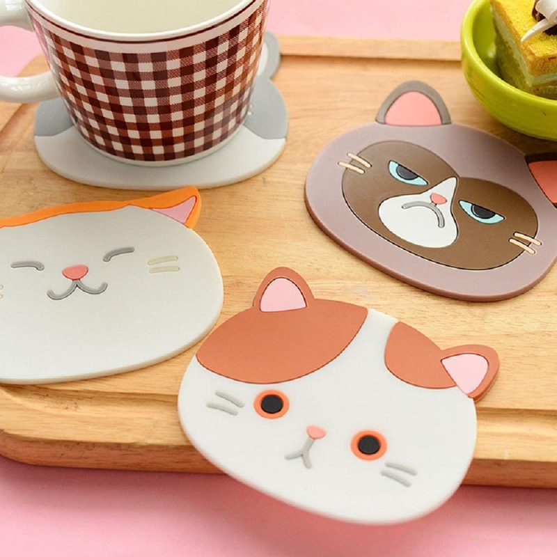 Minglu CM-005Cute Cartoon Cat Cup Coasters Mats Silicone Rubber Coaster for Wine, Glass, Tea, Housewarming Beverage, Drink, Beer