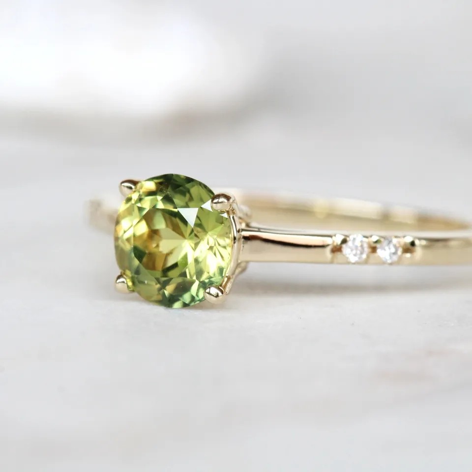 Delicate Dainty Women Jewelry CZ Accents Round Green Sapphire S925 Gold Plated Engagement Promise Ring