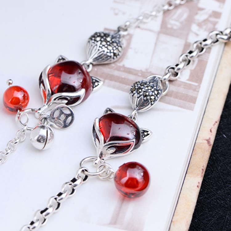 925 Sterling Silver Synthetic Garnet Fox Charm Link Bracelets(B20180411084)