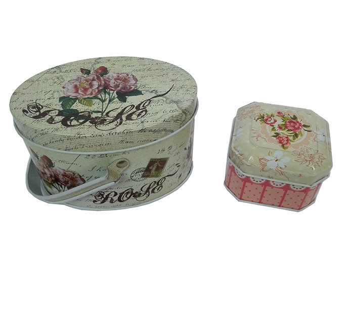 Flower Print Small Tin Containers For Candy Packaging / Tinplate Handle Tin Boxes