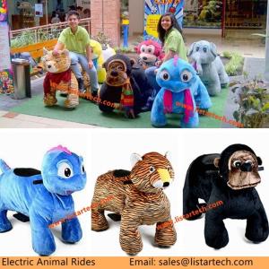Quality animated plush animals walking stuffed animals bike motorized child cover wholesale