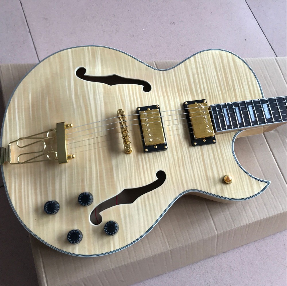 LP les Tiger Flame paul F hollow body jazz electric guitar in natural color