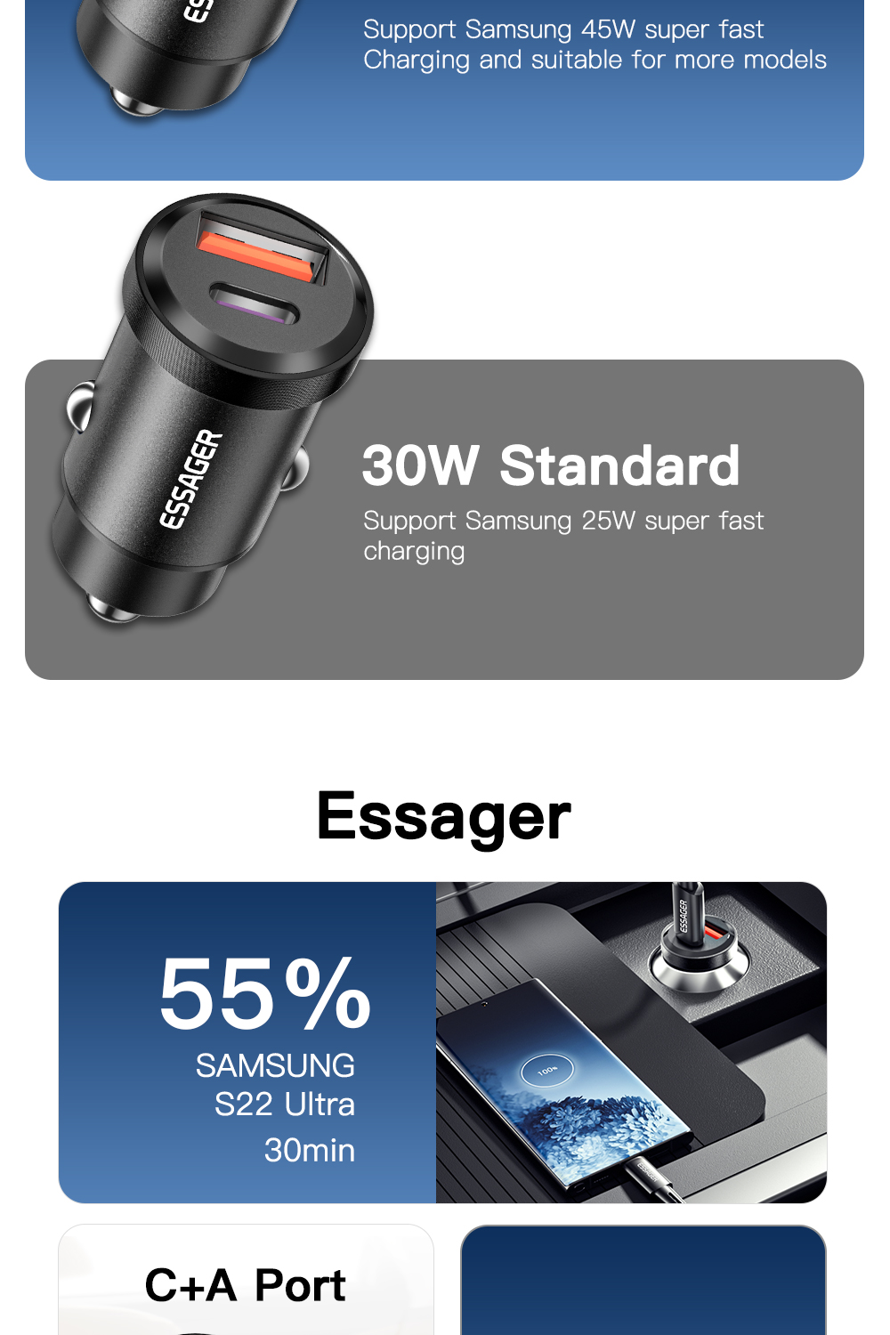 Essager 2022 Gyroscope New Type-c + USB-A USB QC3.0 30W 45W Mini Car Charger