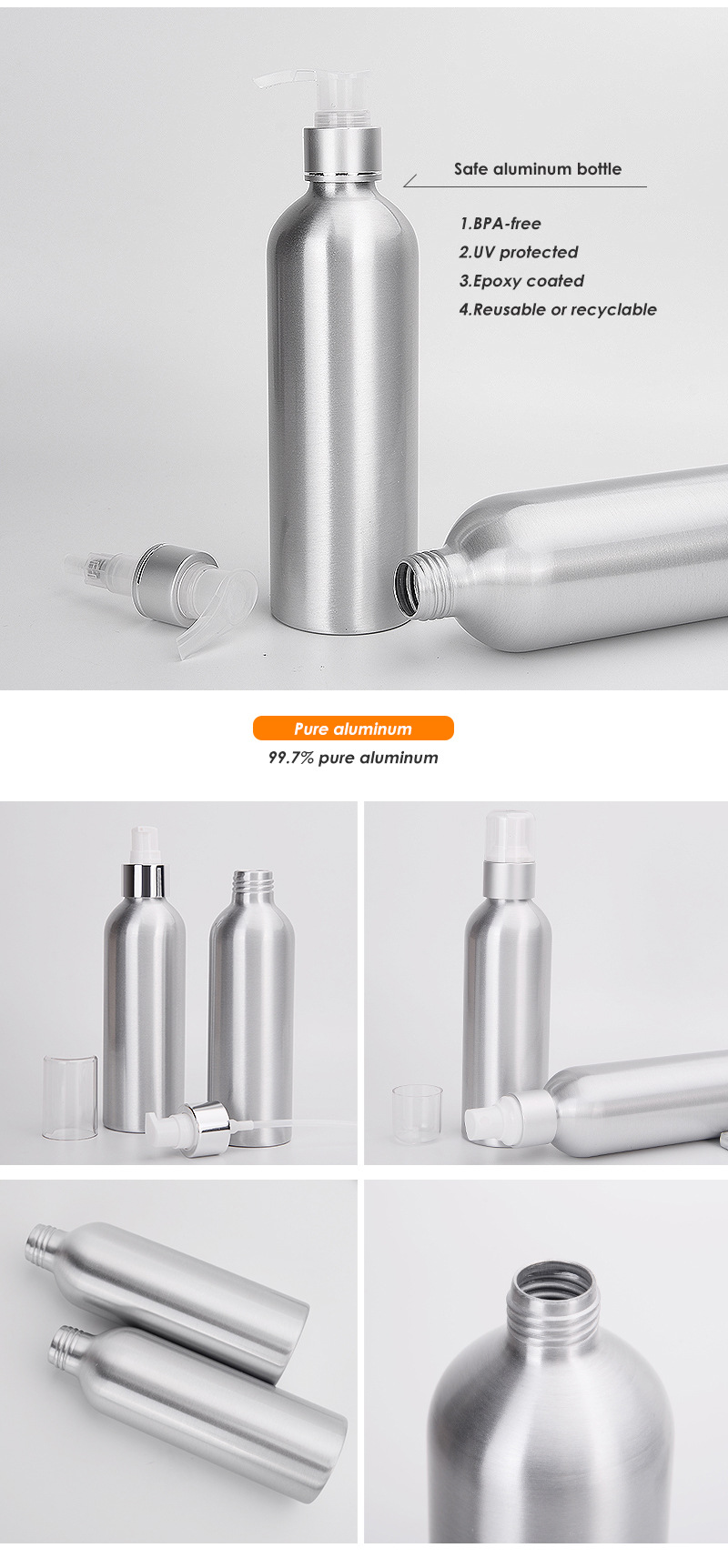 Customized Label Empty 100ml 200ml 300ml 500ml 1000ml Aluminum Bottles Spray Fine Mist Lid for Lotion Shampoo Essential Oil