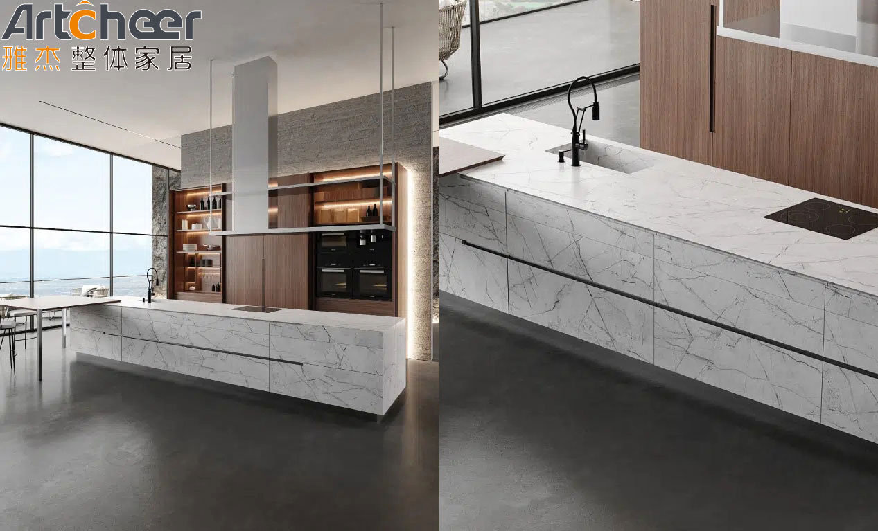Modular Acrylic Kitchen Cabinet Door with Aluminium Frame and Sintered Stone Table Top