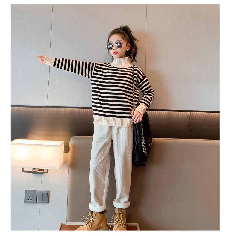 Medium Sized Childrens Winter Clothes Striped High Collar Sweater Set With Velvet