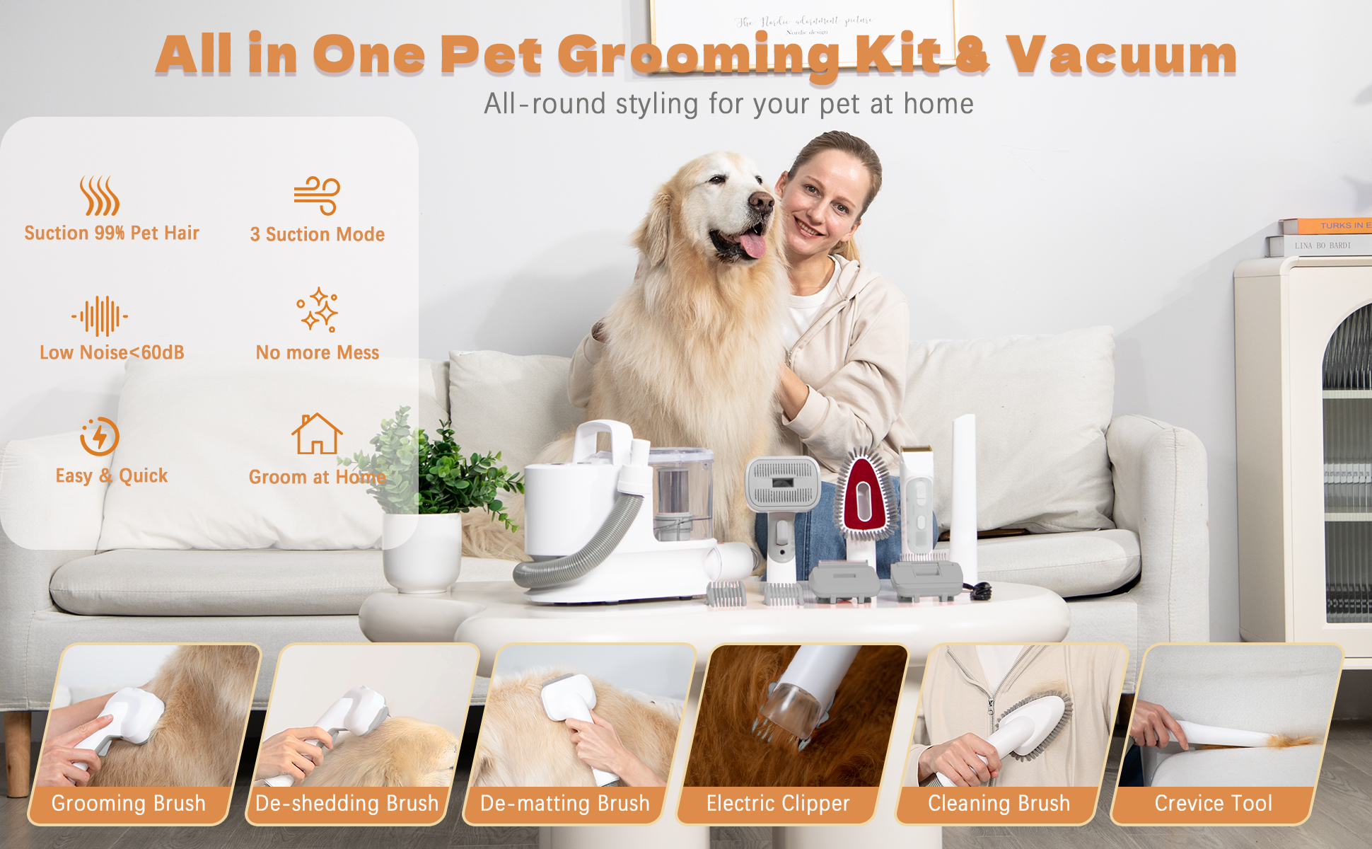 6 Grooming Tools included in 3.9kg White Pet Grooming Vacuum for Dog Cat