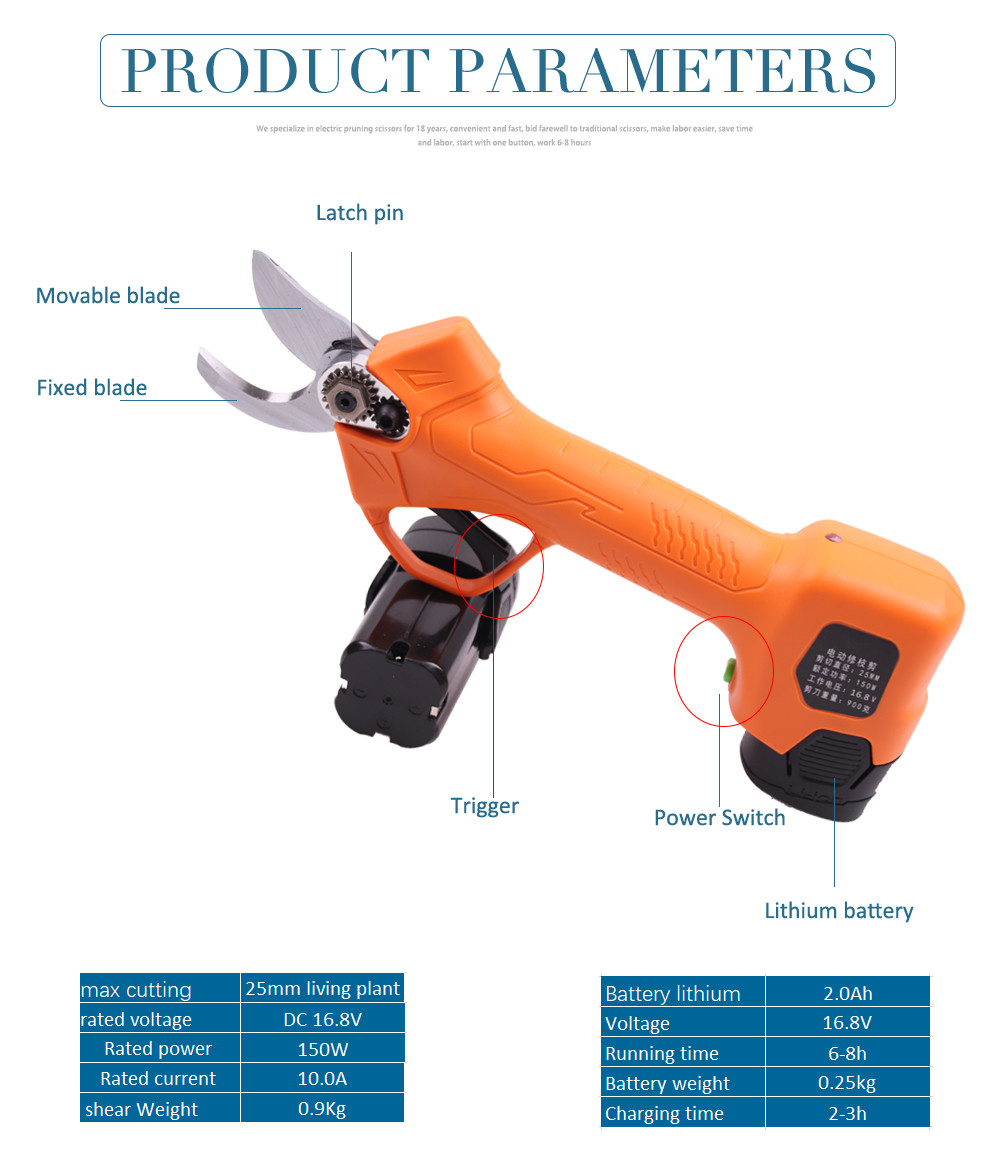 Swansoft 16.8V 2.5CM Battery Cordless Orchard Vineyard Pruner Trimming Scissors Garden Electric Pruning Shears