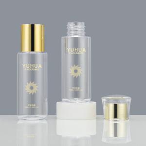 Quality MSDS 75ml Round Base Pet Cosmetic Bottle With Electroplate Gold Cap wholesale