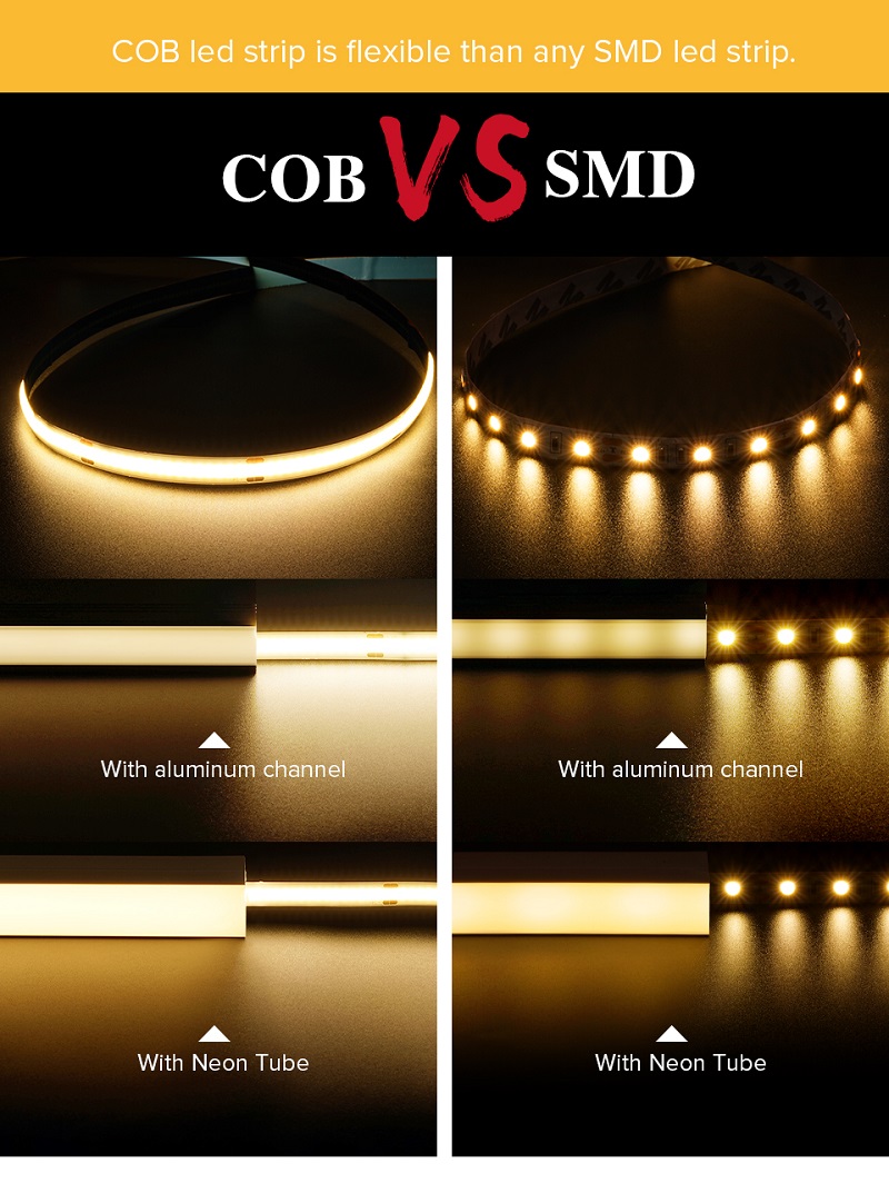 4000K COB Flexible LED Strip 480Leds 8mm10mm Width for Cabinet Bedroom Kitchen Lighting