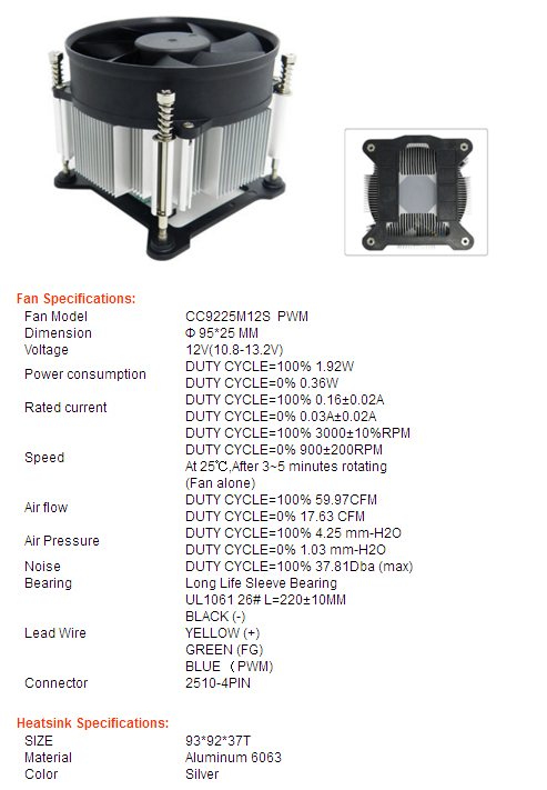 92mm Computer CPU Cooling Fan 2.4W 3pin 4pin Aluminum Heatsink