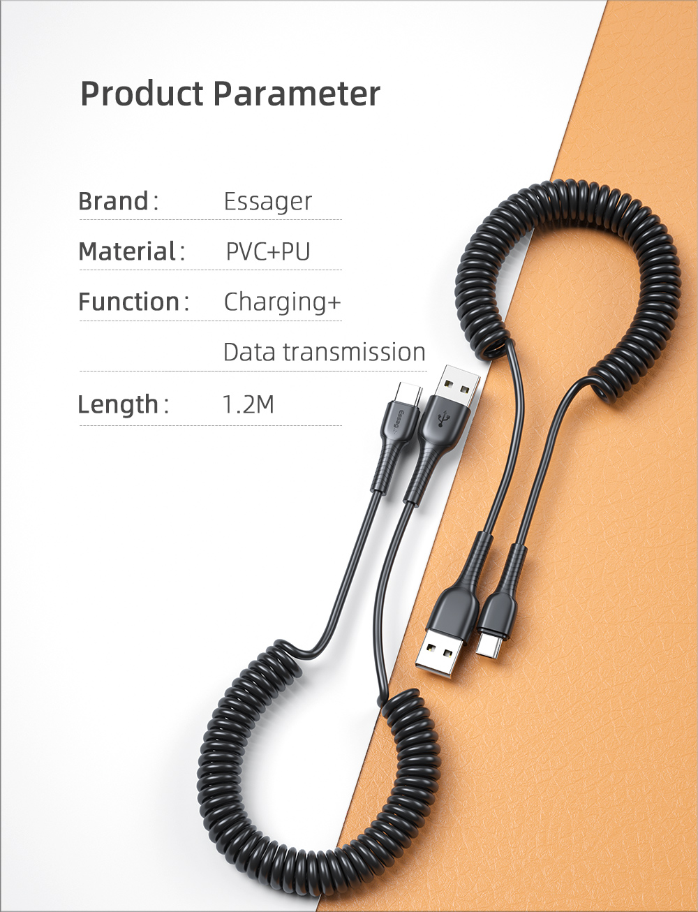 PVC Type C Data Cable 2.4A Stretchable Phone Charger Cable 1.2M