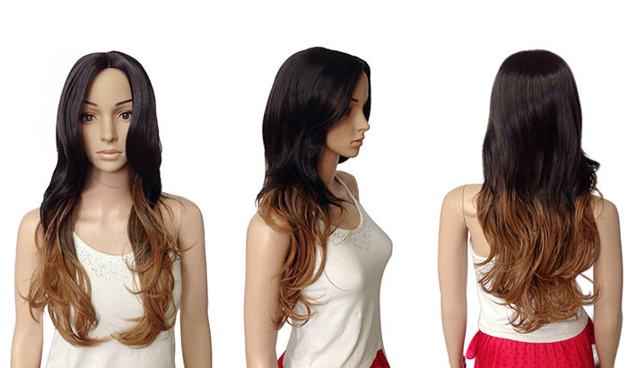 Black T Brown Long Synthetic Wigs Natural Curly Bang Side Wigs For Women