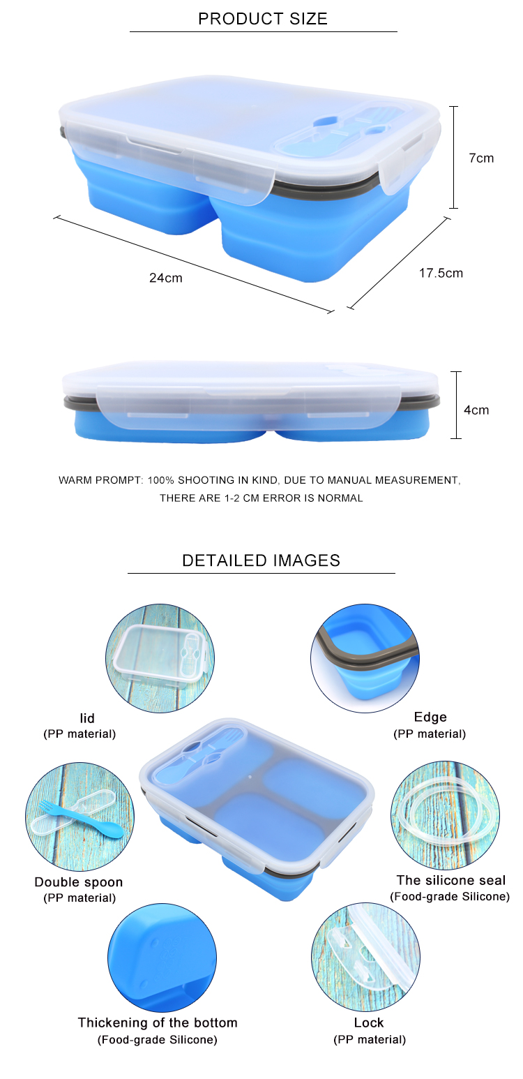 Rectangle 3 Compartment Collapsible Bento Box For Adults