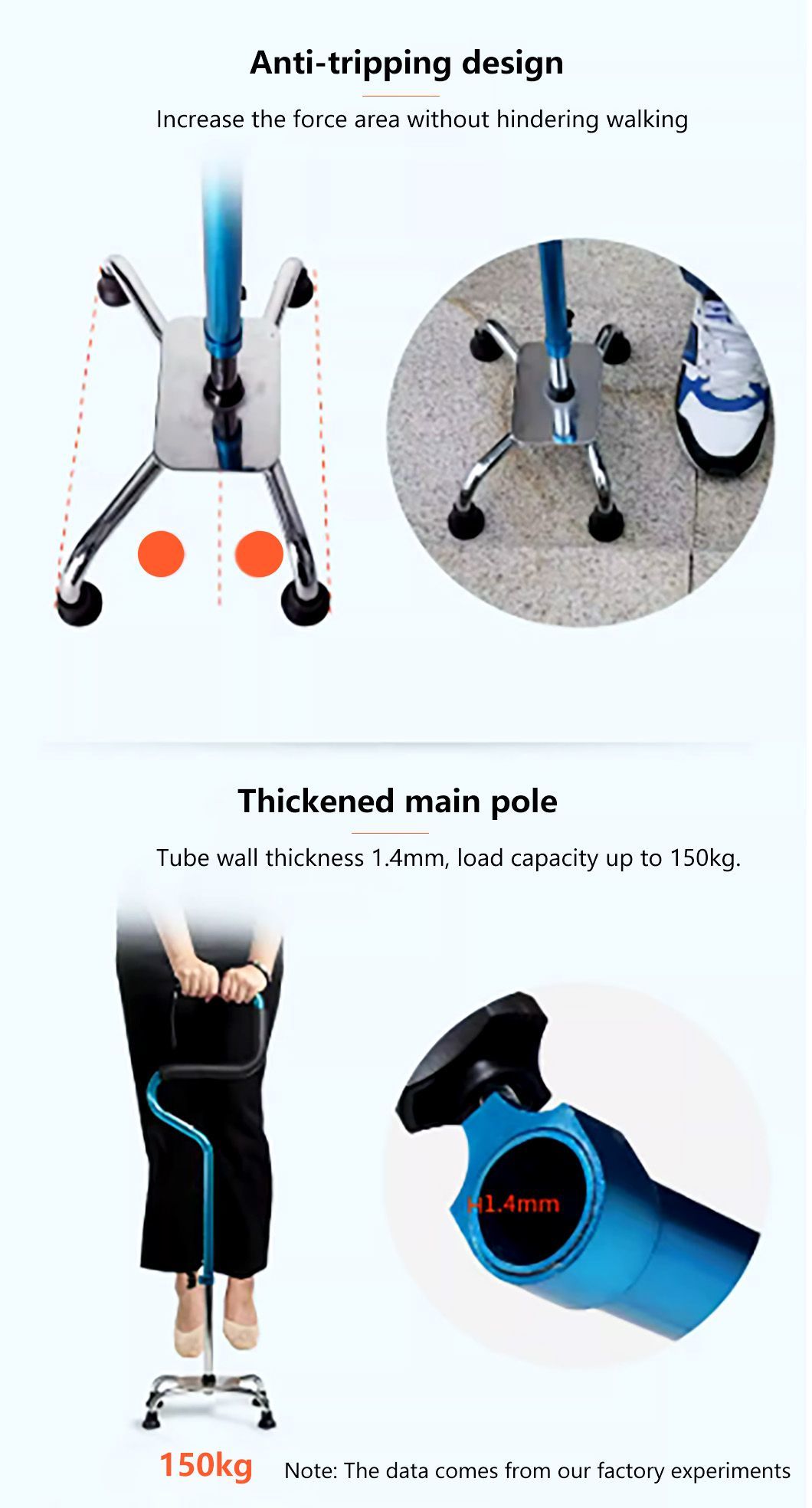Adjustable Aluminium Walking Stick Handle-Bar Bend Four Legs Holder Bent Rehab Therapy Cane Four Legs Holder Adjustable