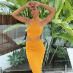 Halter Hollow Women's Summer Vacation Dresses Sleeveless Mid Length