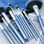 Elegant Blue 10 Piece Makeup Brush Set Bling Glitter Wooden Handle Vegan