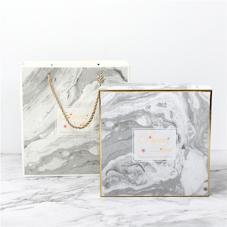 Luxury Birthday Gift Packaging Cardboard Cosmetic Packaging Box Marble Grain Customized Gift Box With Bag