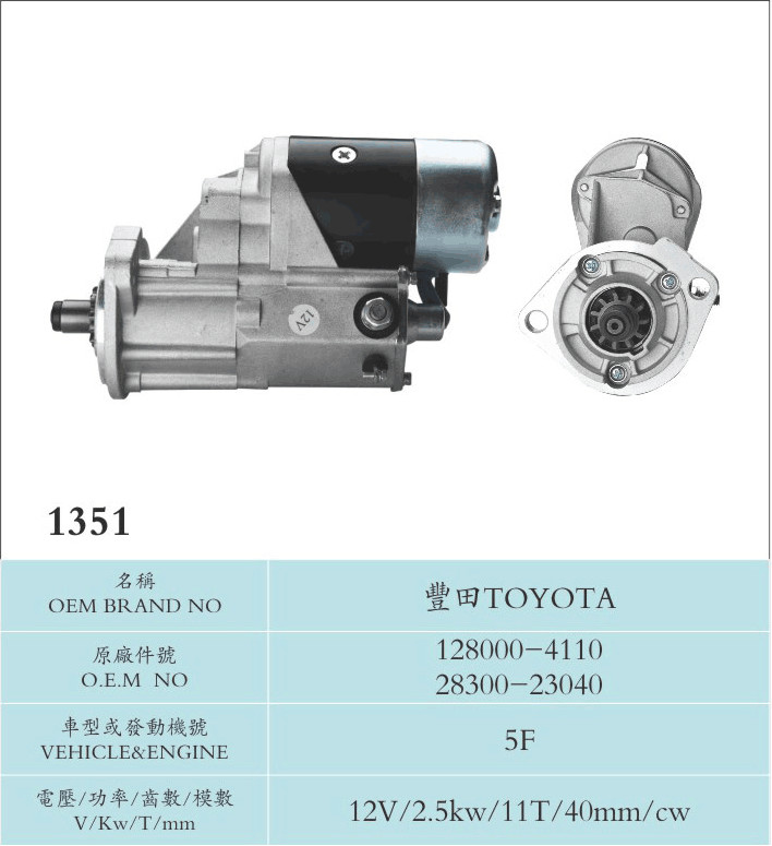High Torque High Speed Industry Diesel Engine Toyota 12v 2.5kw 11t Starter Motor 12800-4110 28300-23040 5F