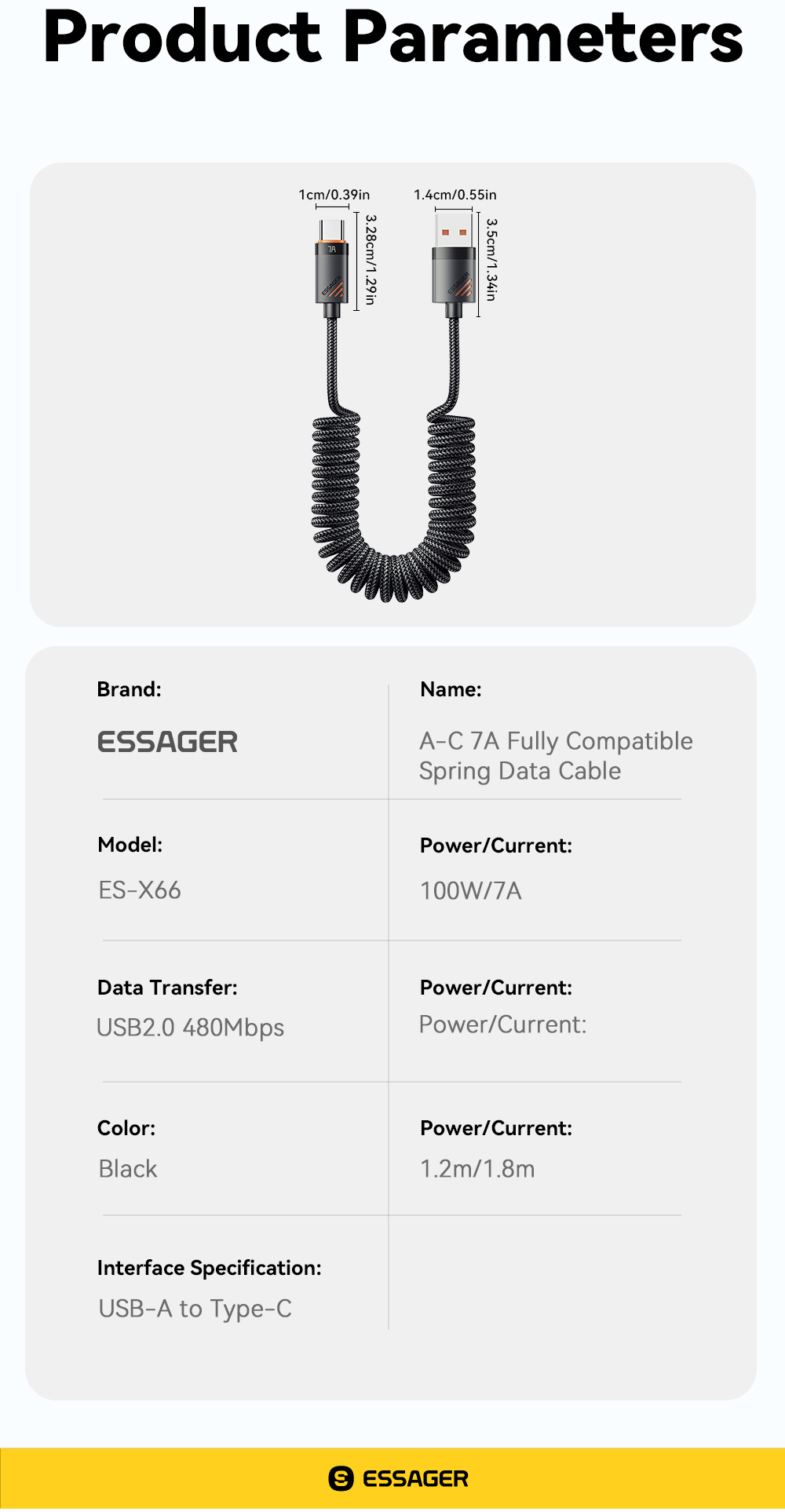ESSAGER ES-X66 Spring Style Cable 100W 88W 7A USB Type C to USB Cable