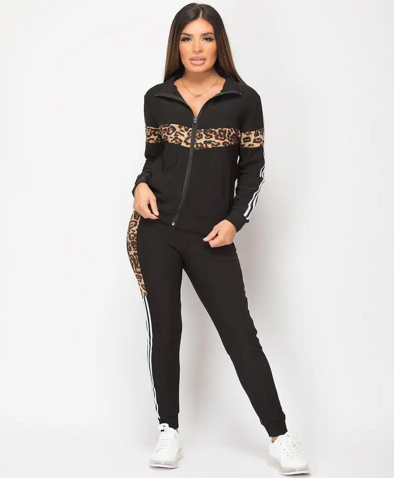 Womens Tracksuits Cotton Polyester Leopard Print Side Stripe Women Jogging 2 Pieces Set