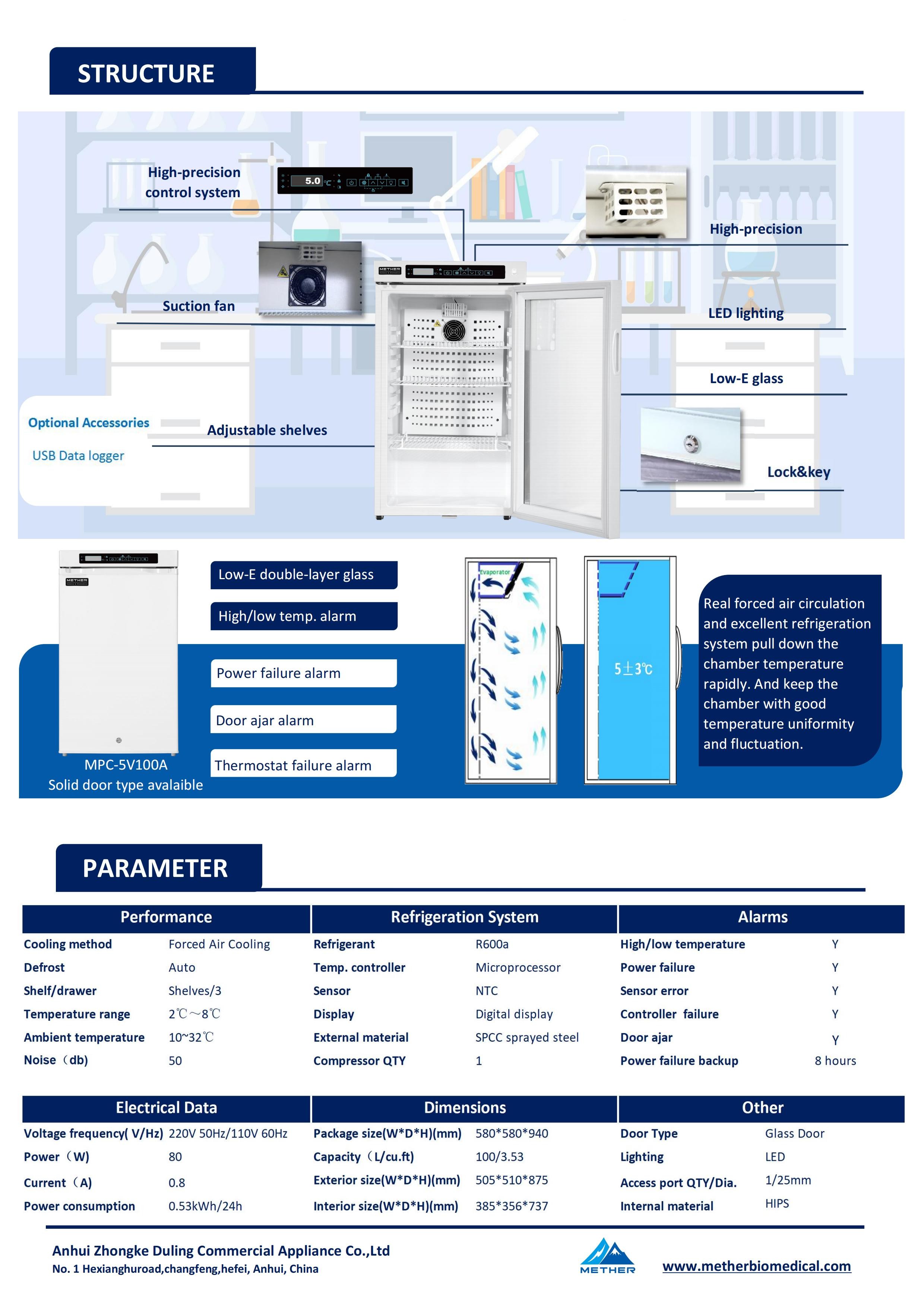 2~8℃ Medical Pharmacy Refrigerator 100L Vaccine & Medicine Fridge Laboratory & Hospital Cold Storage