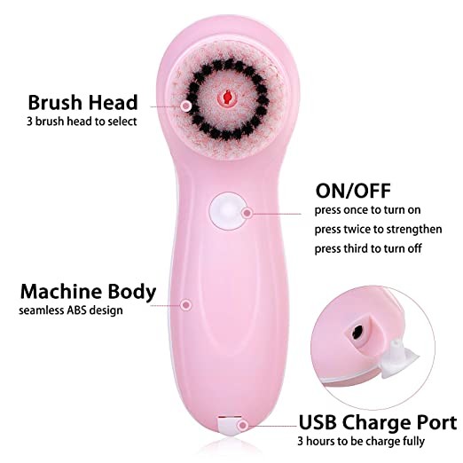 Facial Cleansing Brush,USB Rechargeable Facial Brush,Electric Rotating Face Scrubbing, 3 in 1 Brush Heads
