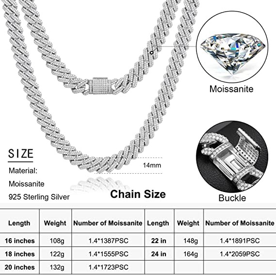 NGTC Moissanite Cuban Chain 925 Sterling Silver Miami Cuban Chain 13mm Width