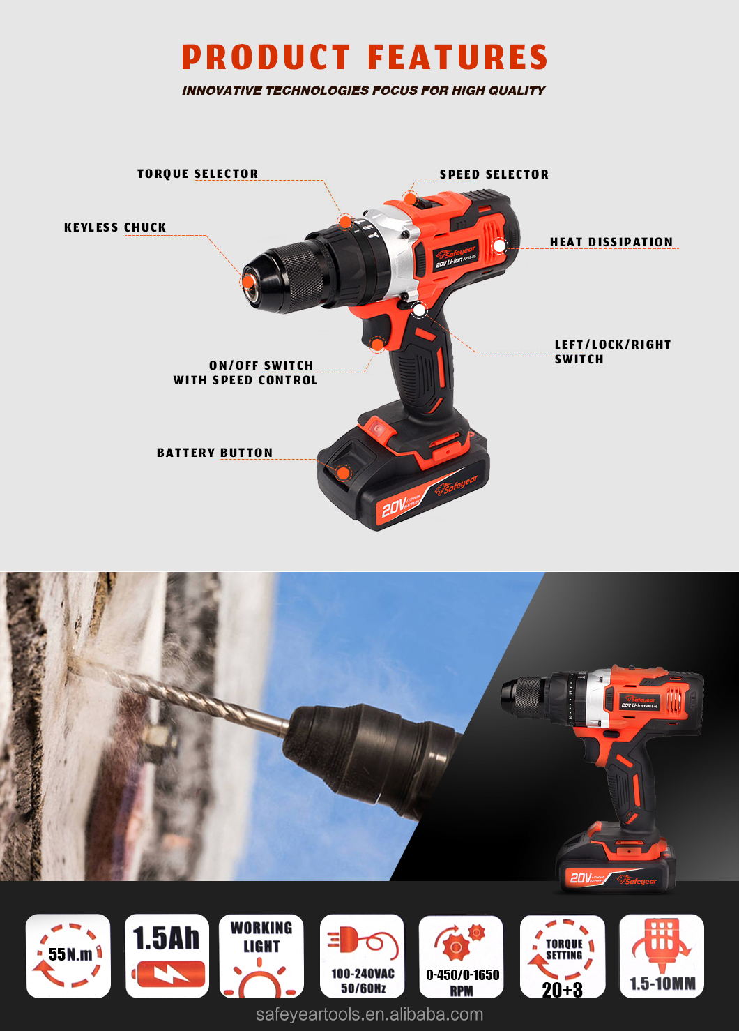 20V 1/2" Brushless Drill Driver Kit Cordless Handheld Power Drills 2000MAH