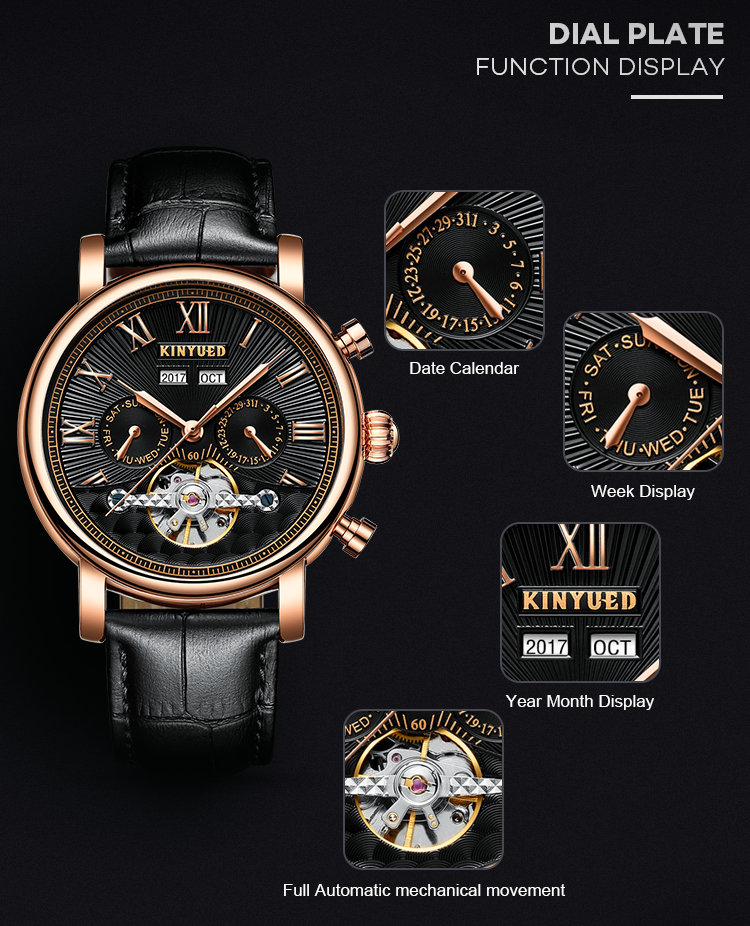 KINYUED J022-2 Minimalist Gold Case Leather Strap Watches Complete Calendar Automatic Mechanical Waterproof Montre Homme