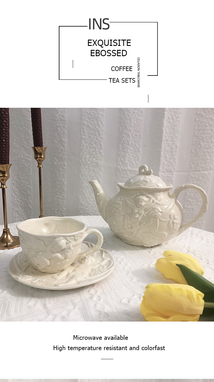 Embossed Angle Tea Cup Set Fashion Coffee Cups INS Style Pink White Blue Ceramic
