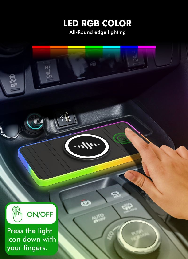 Magnetic Wireless Car Charger with RGB LED Light Charging for Qi Phones and Earbuds - 15W Power