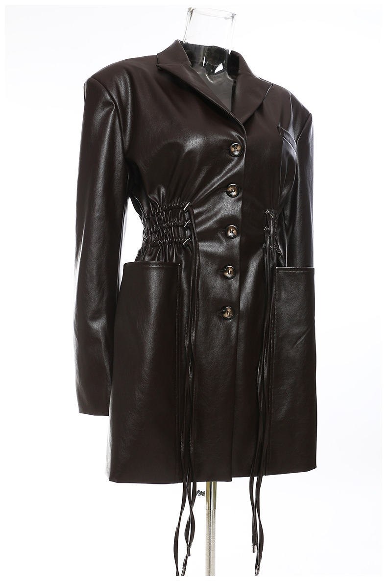 Breathable Women Fashion Drawstring Oversized Midi Winter Pockets Long Leather Jacket Coat PU Jackets