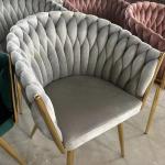 Woven Velvet Fabric Armchair Cream Upholstered Dining Chairs For Bedroom